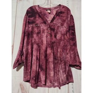 Ladies 2x Burgundy Tie Dye Embellished Button Up Long Sleeve Tunic Top